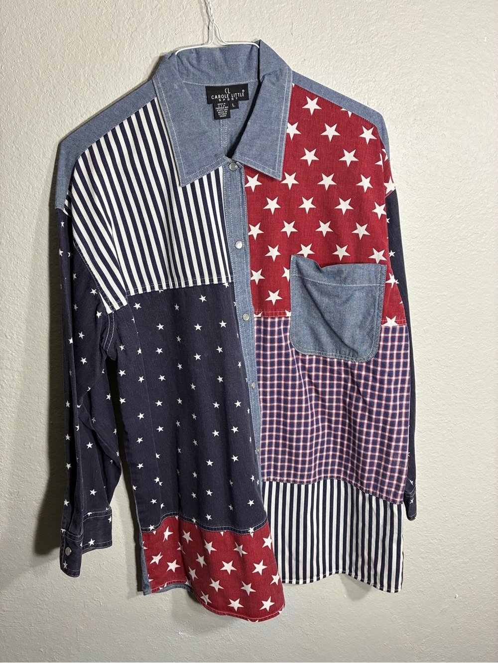 Carole Little Red, Navy & Denim Patchwork Button-Down Shirt